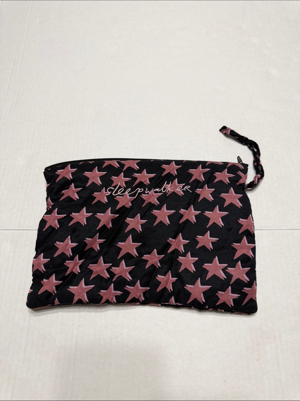 Black Zip Cosmetic Pouch with Pink Star Print Embroidered “Sleepwalker”